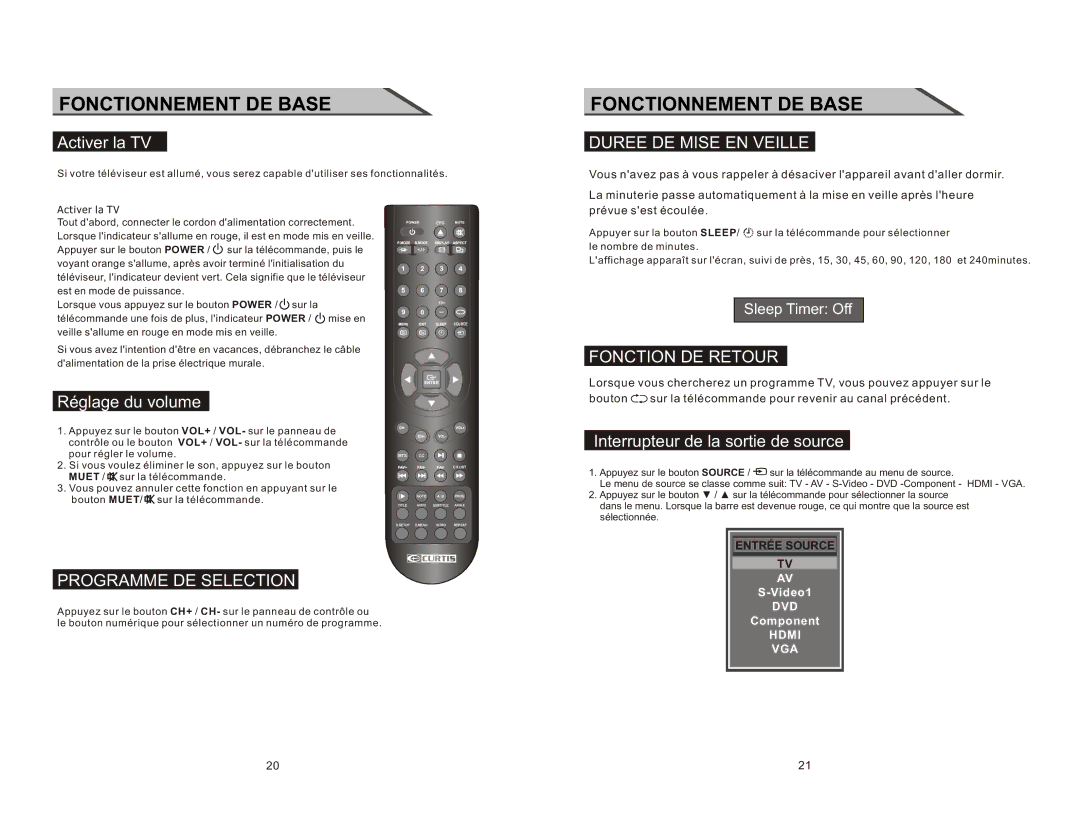 Curtis LCDVD2223AC manual Fonctionnement DE Base, Duree DE Mise EN Veille, Fonction DE Retour, Programme DE Selection 