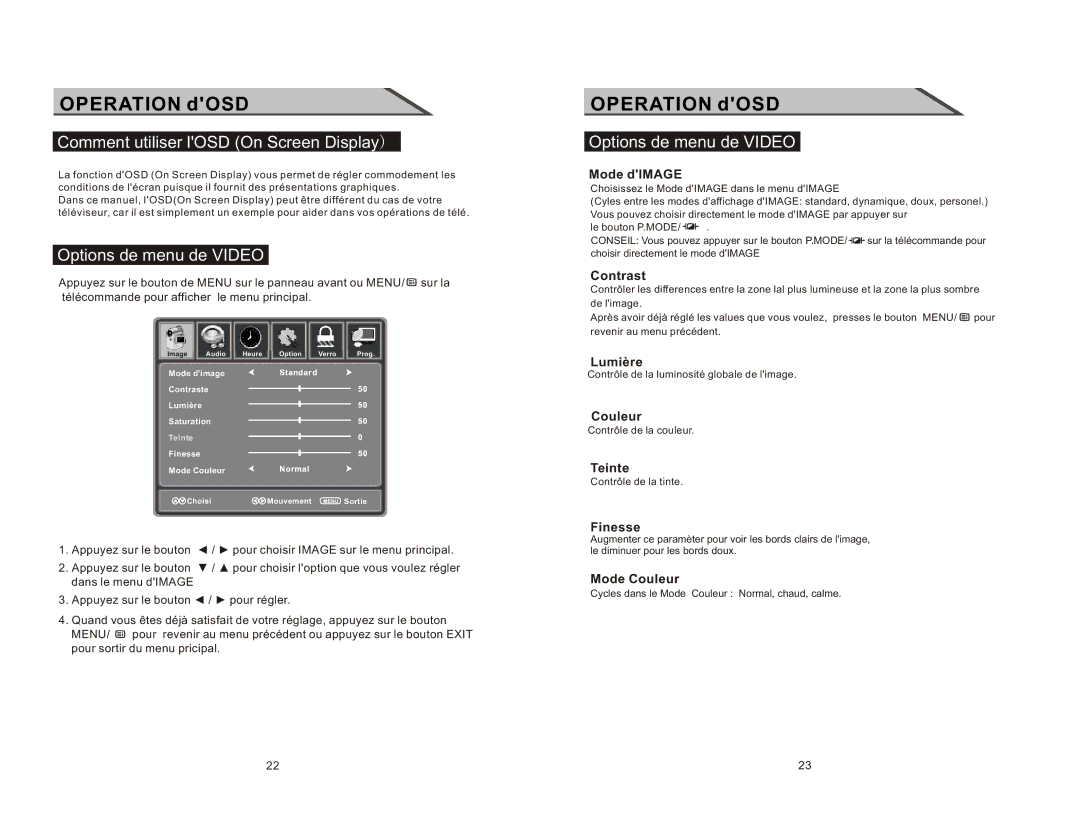 Curtis LCDVD2223AC manual Comment utiliser lOSD On Screen Display, Options de menu de Video 