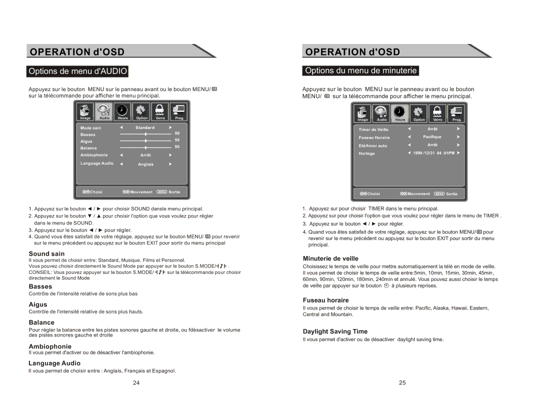 Curtis LCDVD2223AC manual Options de menu dAUDIO, Options du menu de minuterie 