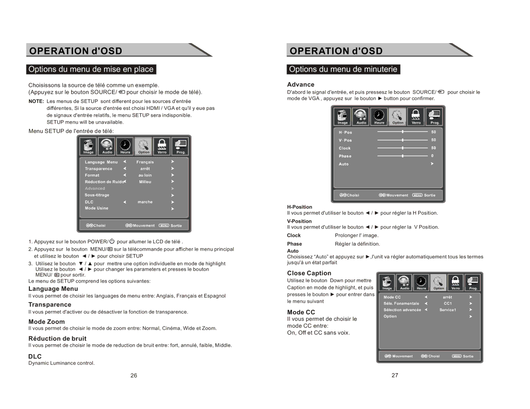 Curtis LCDVD2223AC manual Options du menu de mise en place 