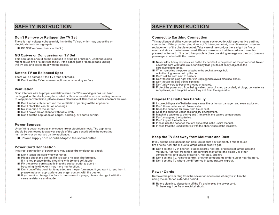 Curtis LCDVD2223AC Don’t Remove or Rejigger the TV Set, No Quiver or Concussion on TV Set, Set the TV on Balanced Spot 