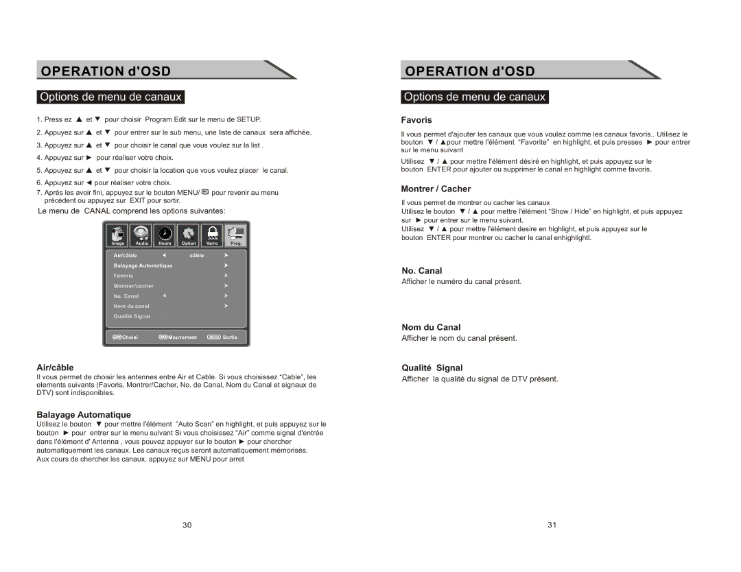 Curtis LCDVD2223AC manual Options de menu de canaux 