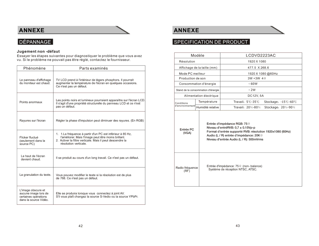 Curtis LCDVD2223AC manual Specification DE Product, Jugement non -défaut 