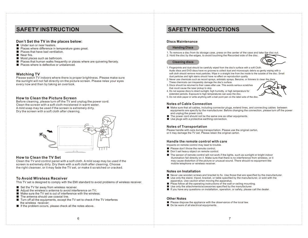 Curtis LCDVD2223AC manual Don’t Set the TV in the places below, Watching TV, How to Clean the Picture Screen 