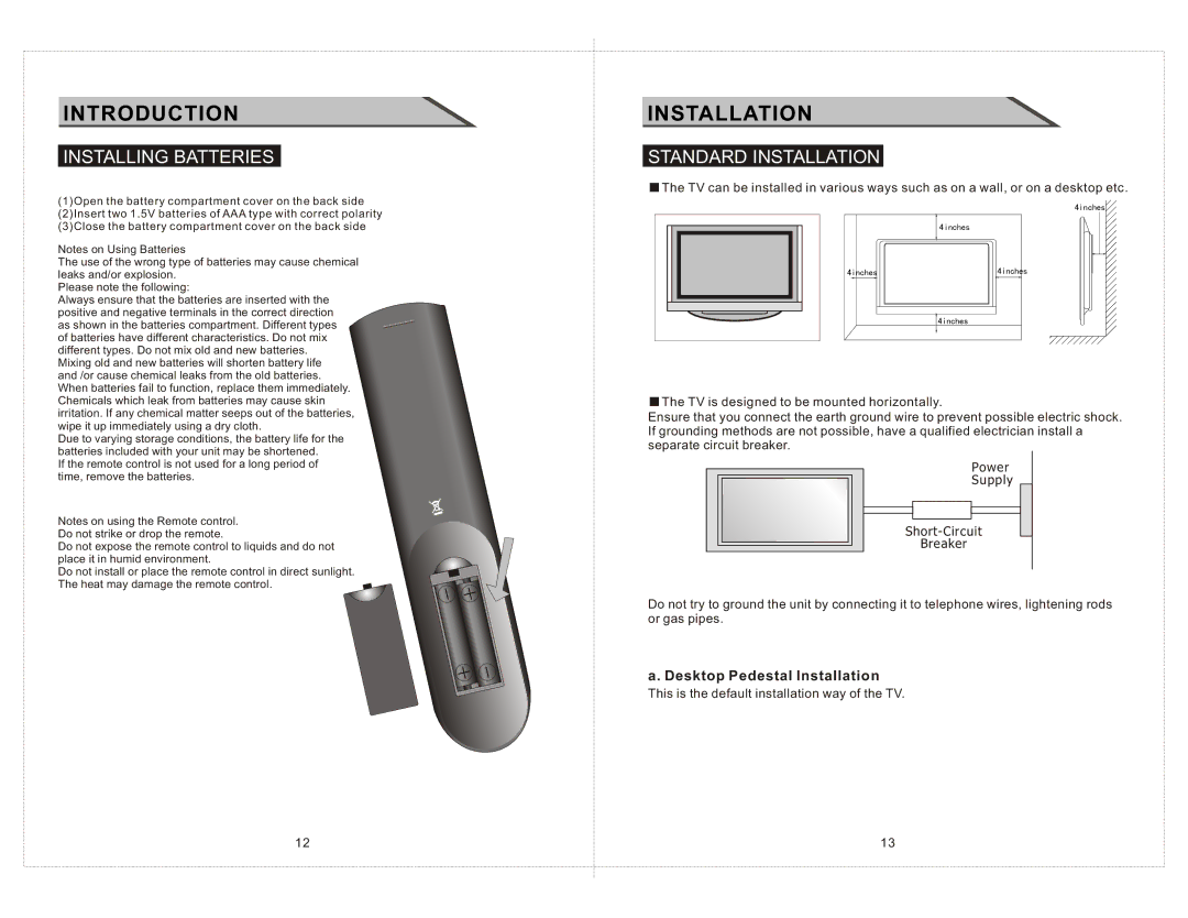 Curtis LCDVD2223AC manual Introduction, Installing Batteries, Standard Installation, Desktop Pedestal Installation 