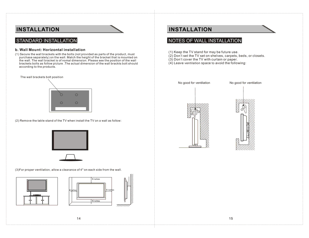 Curtis LCDVD2223AC manual Wall Mount Horizontal installation 