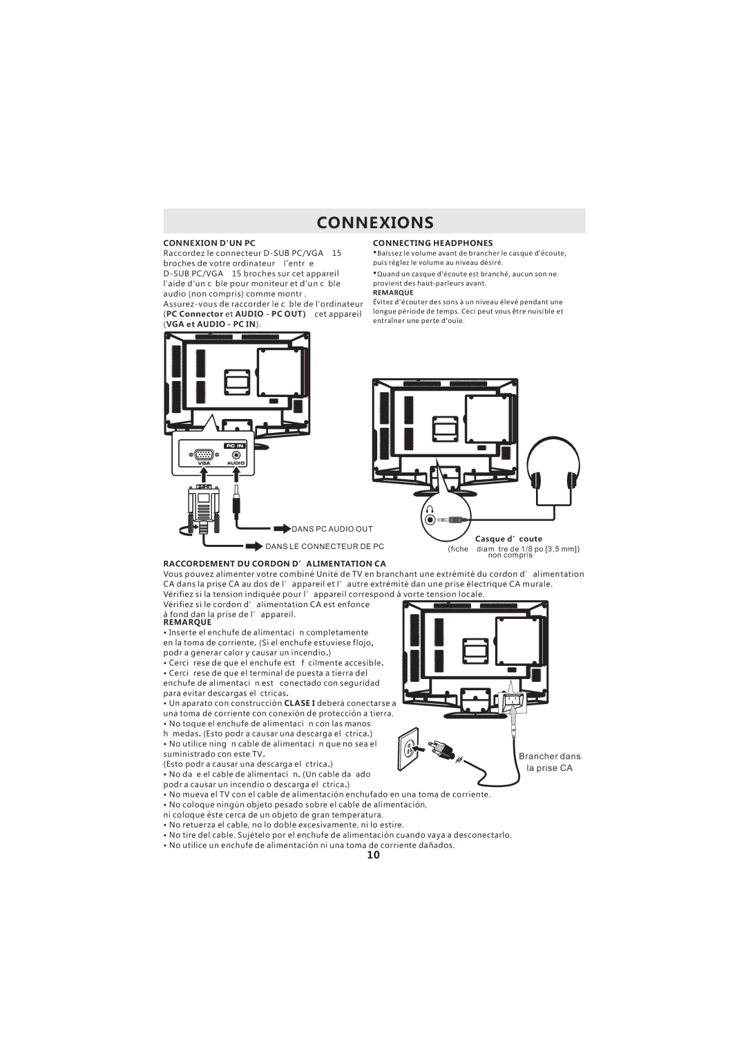 Curtis LCDVD2224A manuel dutilisation Connexion DUN PC, Connecting Headphones, Raccordement DU Cordon D’ALIMENTATION CA 