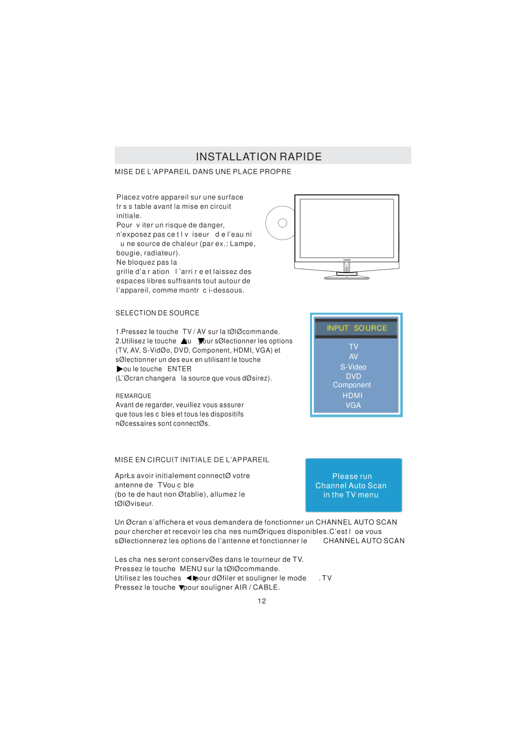 Curtis LCDVD2224A manuel dutilisation Mise DE Lappareil Dans UNE Place Propre, Selection DE Source 