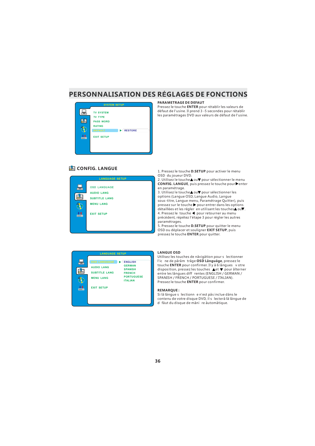 Curtis LCDVD2224A manuel dutilisation CONFIG. Langue, Parametrage DE Defaut, Langue OSD 