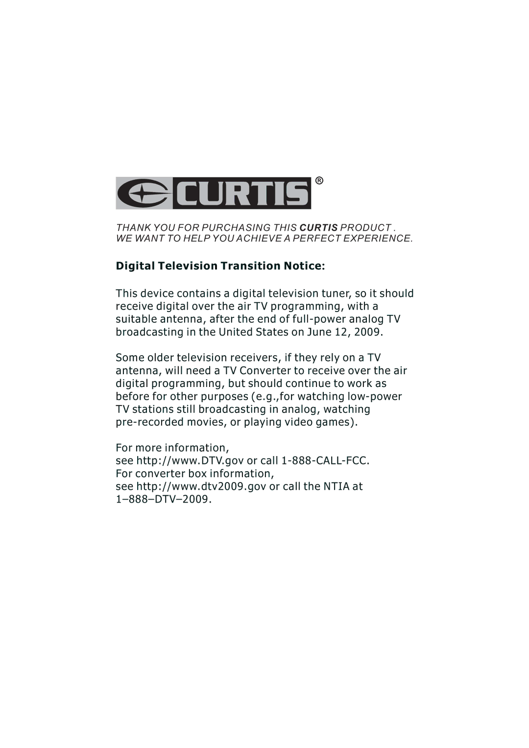 Curtis LCDVD2224A manuel dutilisation Digital Television Transition Notice 