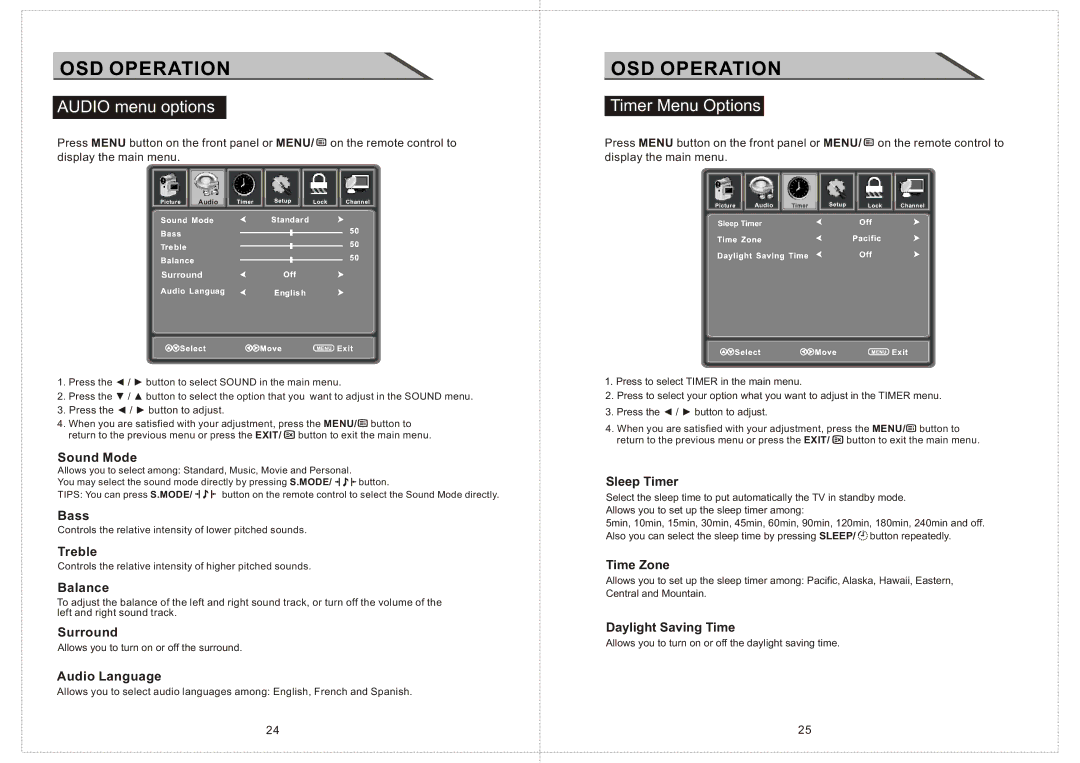 Curtis LCDVD2234A manual Audio menu options, Timer Menu Options 