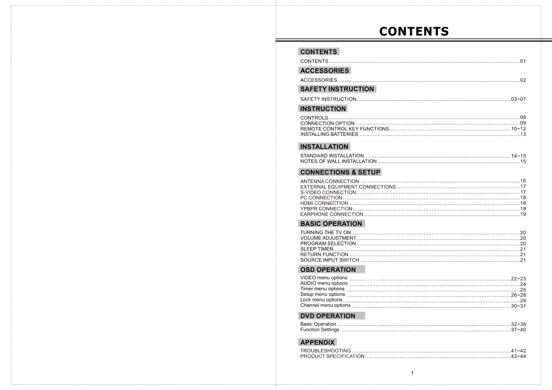 Curtis LCDVD2234A manual Contents 