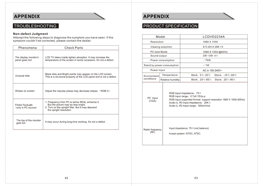 Curtis LCDVD2234A manual Product Specification, Non-defect Judgment, Conditions Relative humidity, Incept system NTSC, Atsc 