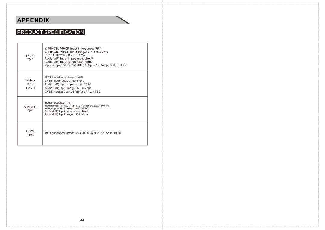 Curtis LCDVD2234A manual PB/ CB, PR/CR Input impedance 75Ω, PB/ CB, PR/CR Input range Y 1 ± 0.3 Vp-p, （Av） 