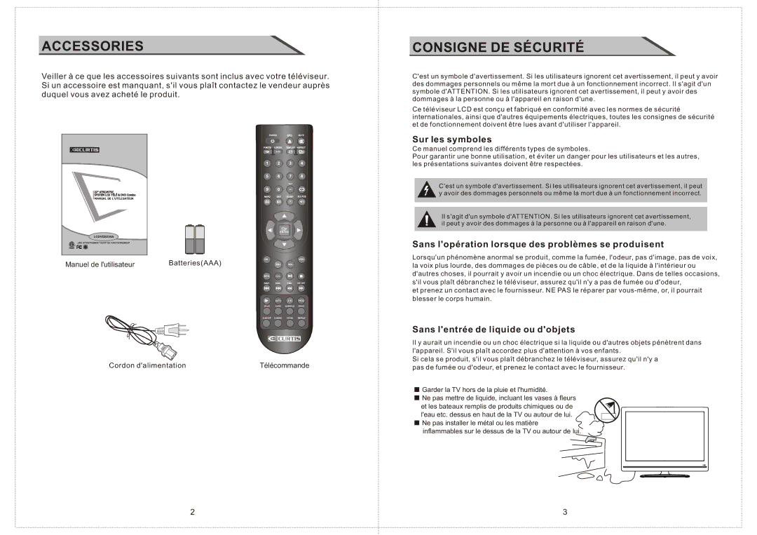 Curtis LCDVD2234A Sur les symboles, Sans lopération lorsque des problèmes se produisent, Cordon dalimentation Télécommande 