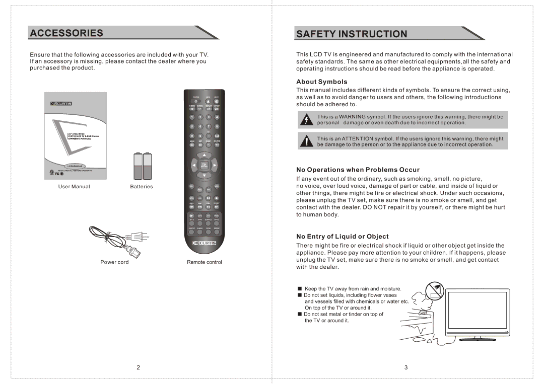 Curtis LCDVD2234A About Symbols, No Operations when Problems Occur, No Entry of Liquid or Object, Batteries, Power cord 