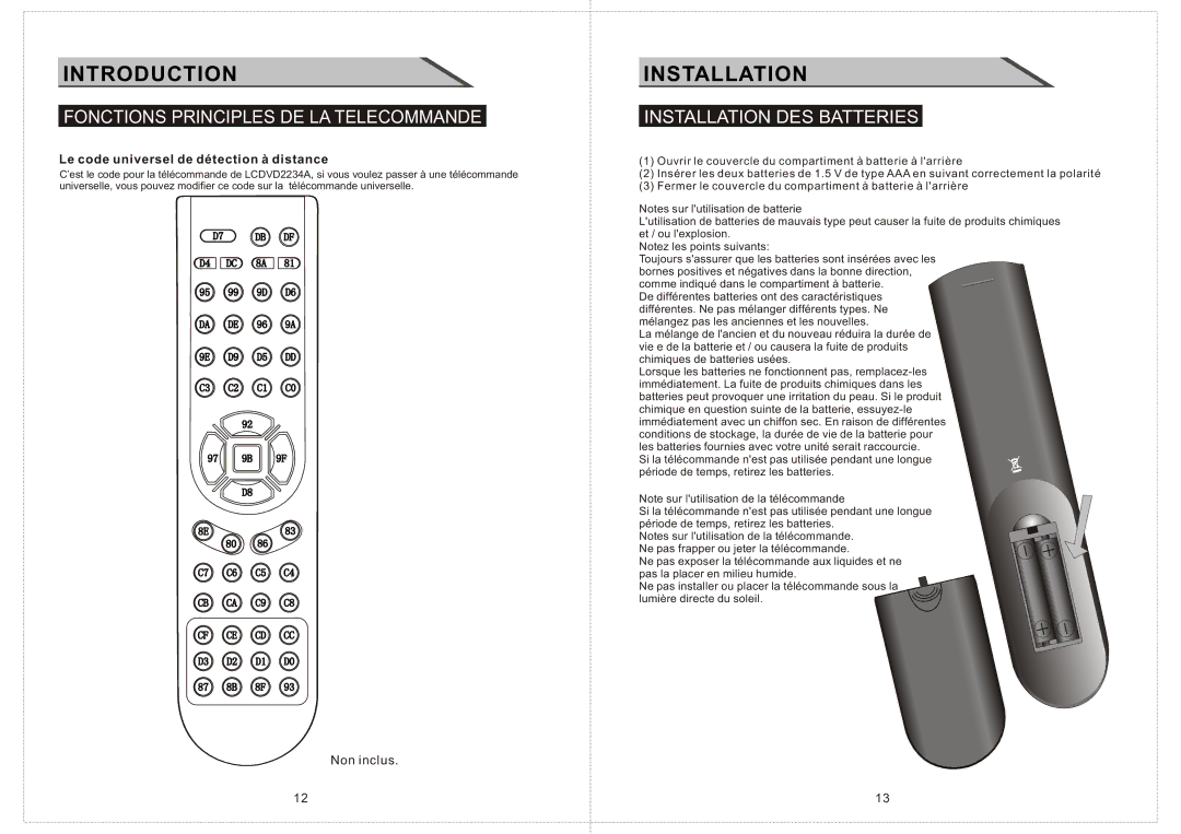 Curtis LCDVD2234A manual Installation DES Batteries, Le code universel de détection à distance 