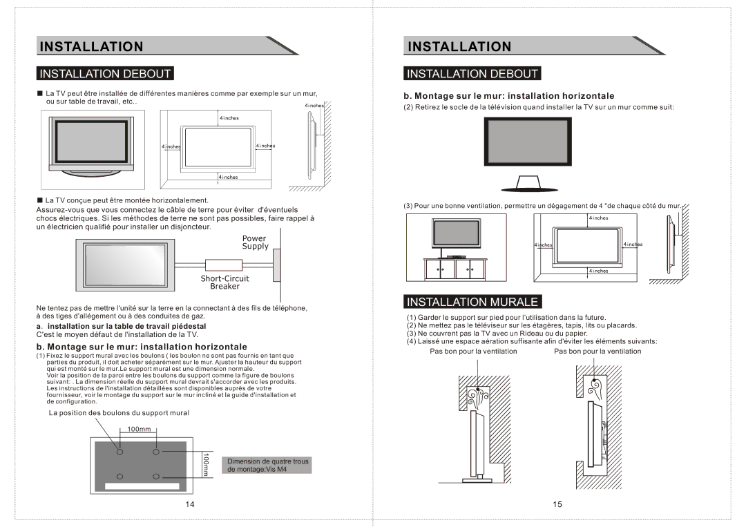 Curtis LCDVD2234A manual Installation Debout, Installation Murale, Montage sur le mur installation horizontale 