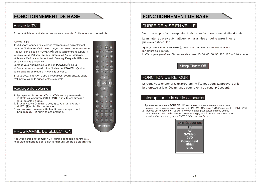 Curtis LCDVD2234A manual Fonctionnement DE Base, Duree DE Mise EN Veille, Fonction DE Retour, Programme DE Selection 