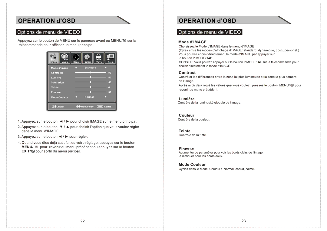 Curtis LCDVD2234A manual Options de menu de Video 