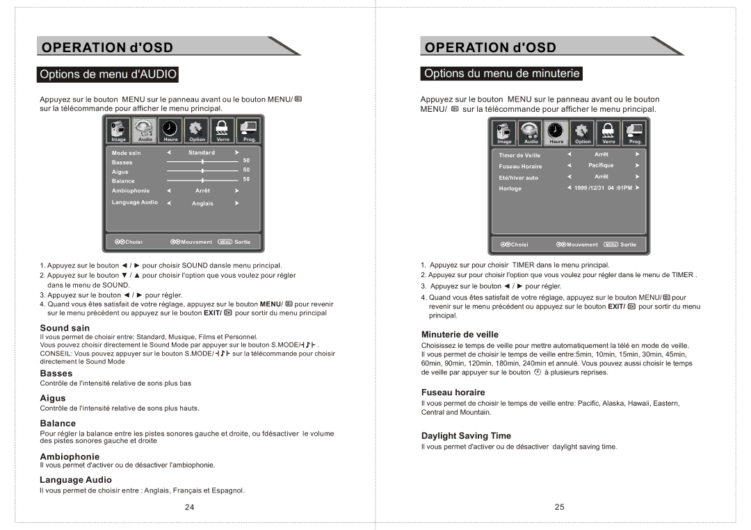 Curtis LCDVD2234A manual Options de menu dAUDIO, Options du menu de minuterie 