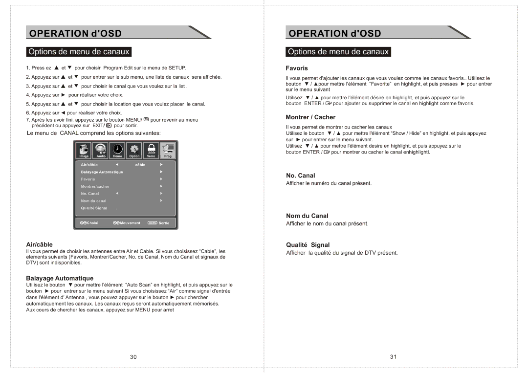 Curtis LCDVD2234A manual Options de menu de canaux 