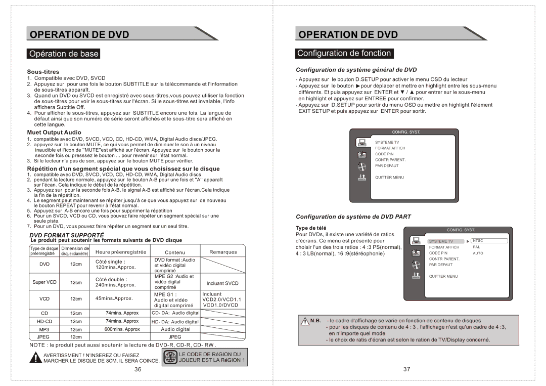 Curtis LCDVD2234A Configuration de fonction, Sous-titres, Muet Output Audio, LE Code DE RéGION DU, Joueur EST LA RéGION 