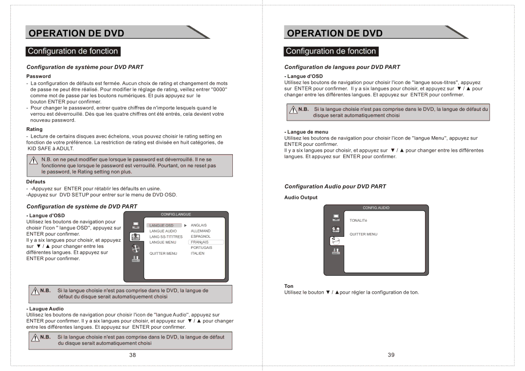 Curtis LCDVD2234A manual Configuration de système pour DVD Part, Utilisez le bouton / pour régler la configuration de ton 