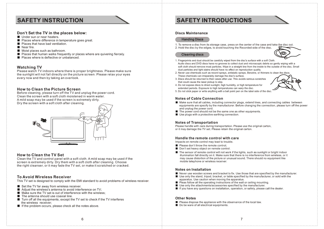 Curtis LCDVD2234A manual Don’t Set the TV in the places below, Watching TV, How to Clean the Picture Screen 