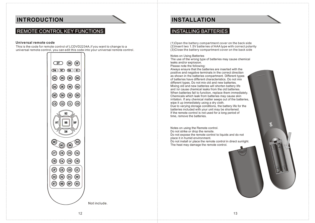 Curtis LCDVD2234A manual Introduction, Installation, Installing Batteries, Universal remote code 