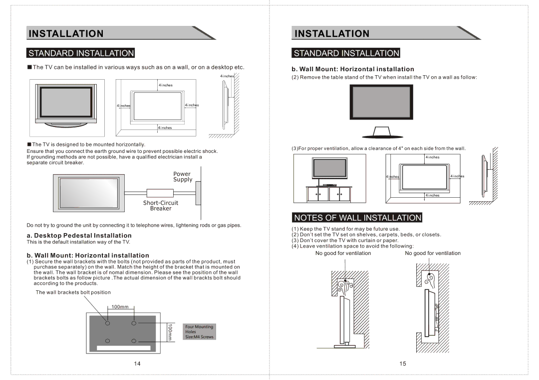 Curtis LCDVD2234A manual Standard Installation, Desktop Pedestal Installation, Wall Mount Horizontal installation 