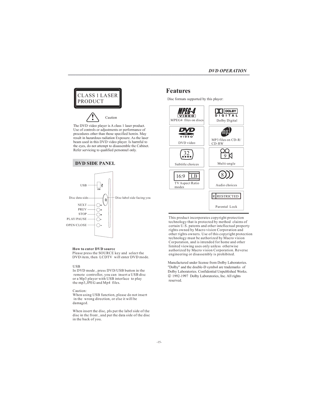 Curtis LCDVD3202A user manual Features 