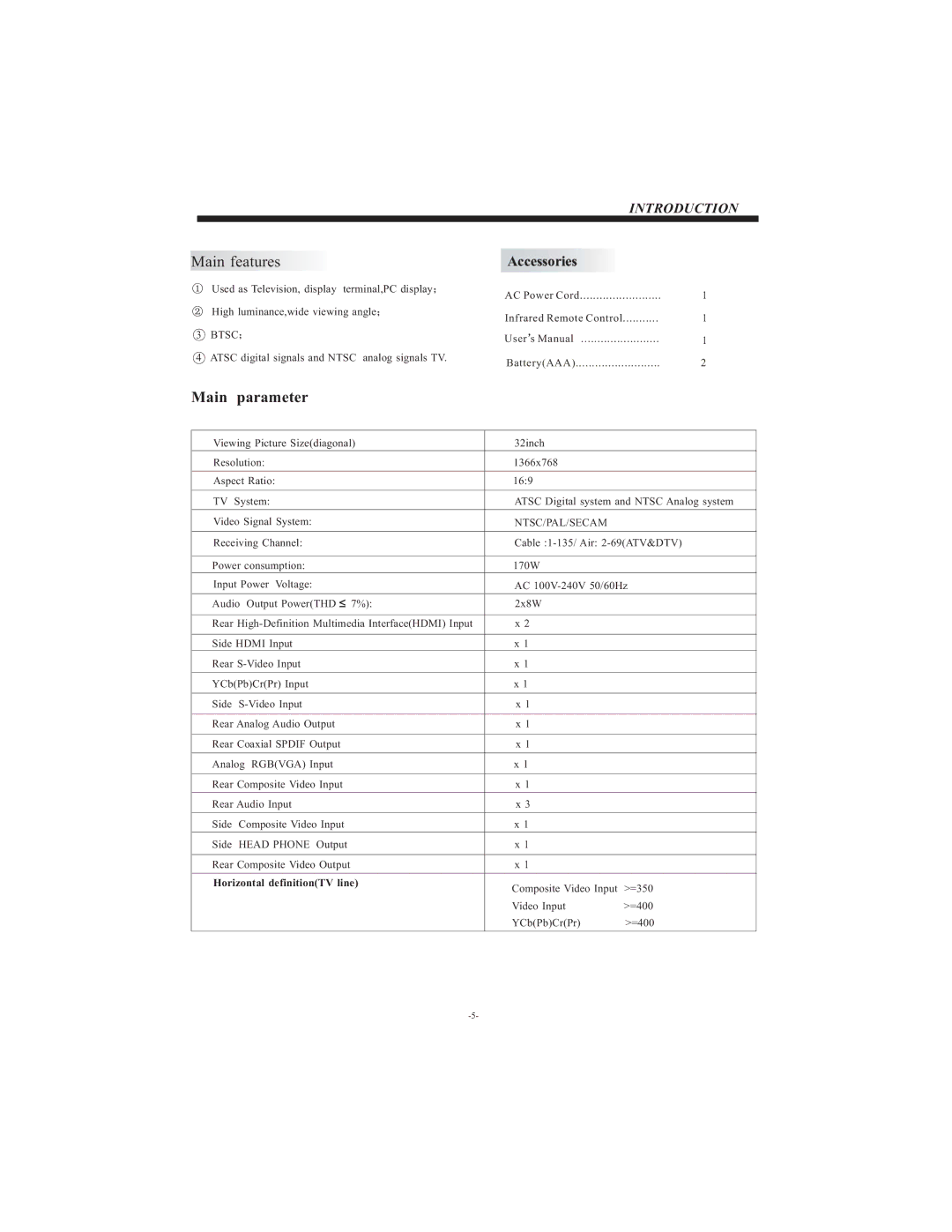 Curtis LCDVD3202A user manual Main parameter 