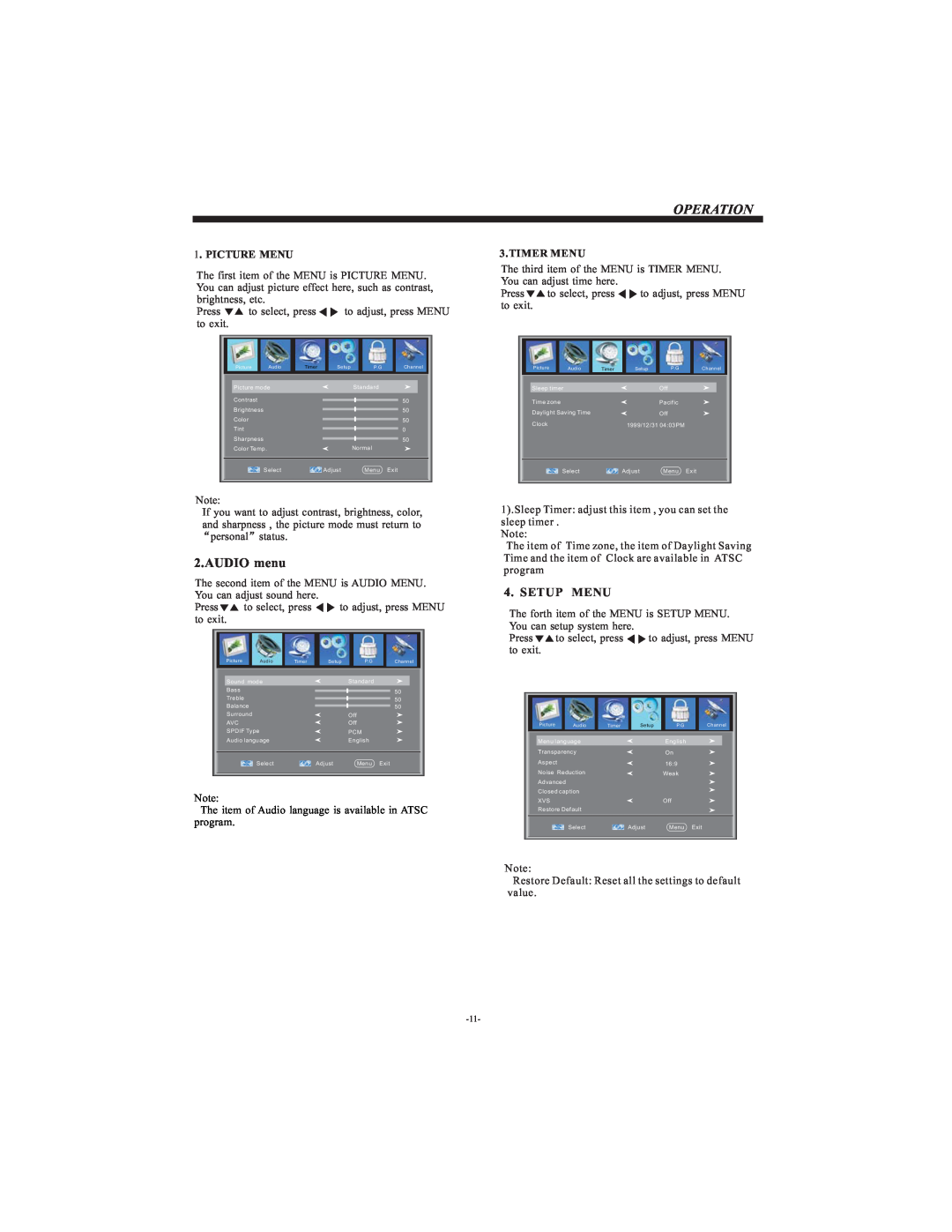 Curtis LCDVD3202A user manual Operation, AUDIO menu, Setup Menu, Picture Menu, Timer Menu 