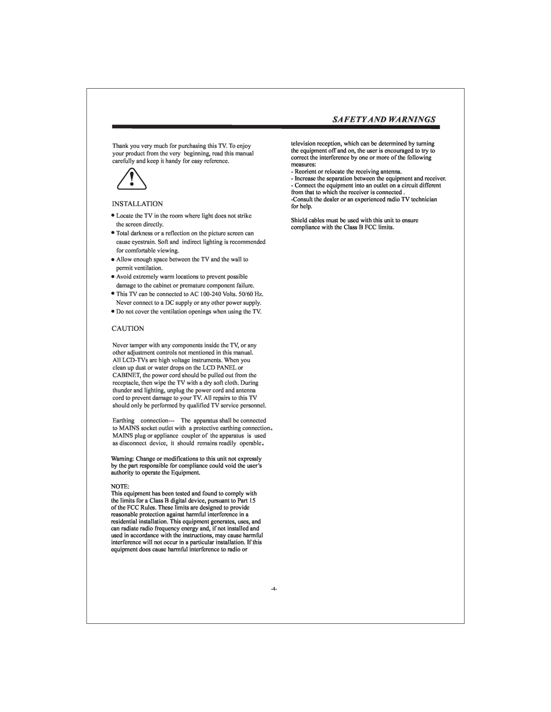 Curtis LCDVD3202A user manual Safety And Warnings, Installation 