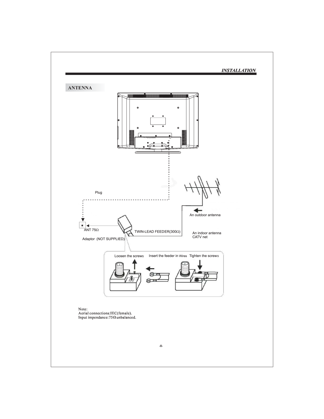 Curtis LCDVD3202A user manual Antenna, Installation, Aerial connectionsIECfemale, Input impendance75, unbalanced 