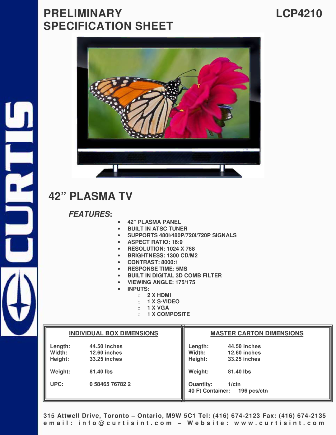 Curtis specifications PRELIMINARYLCP4210 Specification Sheet Plasma TV, Features 