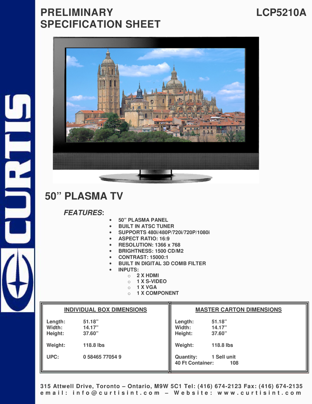 Curtis dimensions PRELIMINARYLCP5210A Specification Sheet Plasma TV, Features 