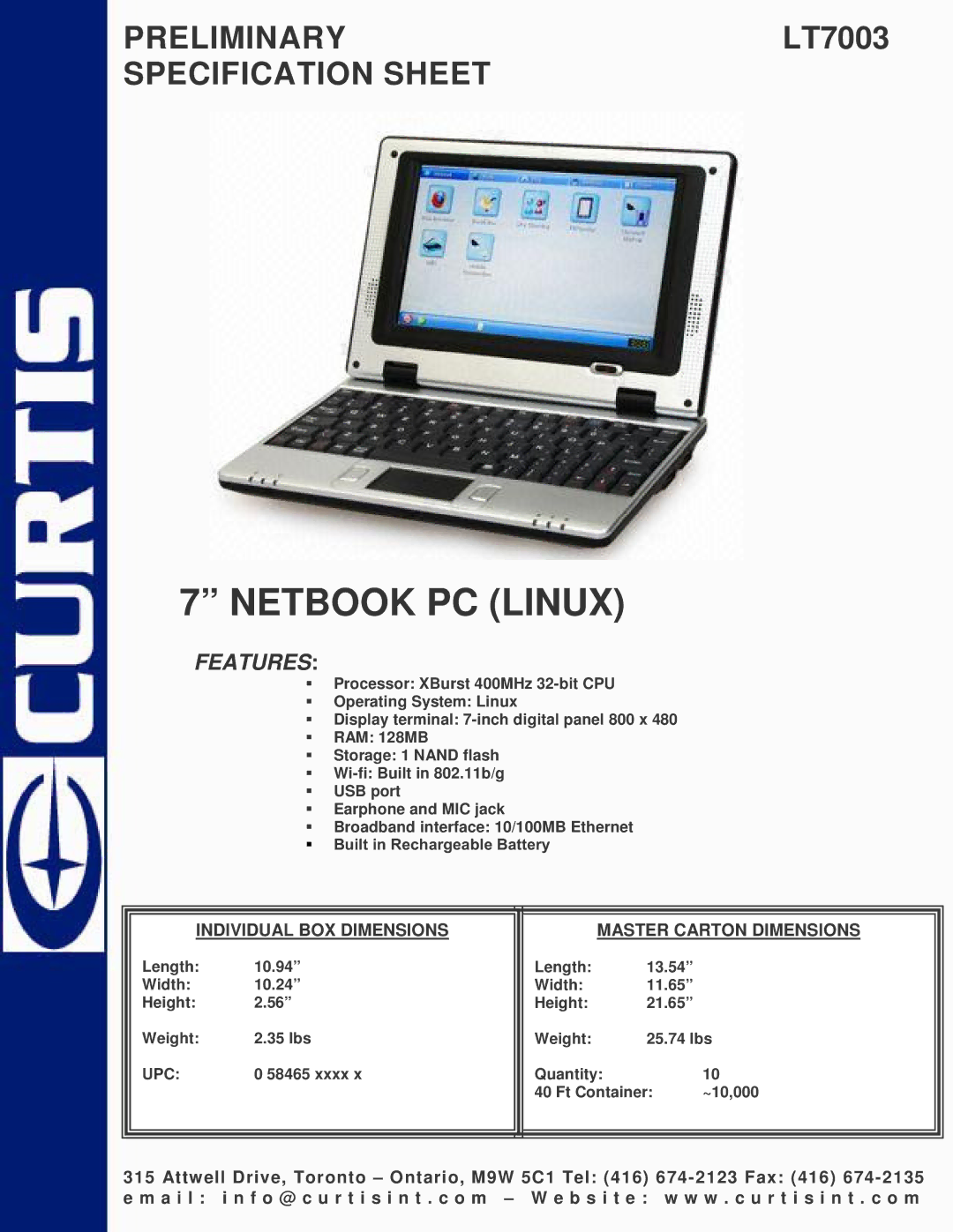 Curtis LT7003 specifications Netbook PC Linux, Features, Individual BOX Dimensions Master Carton Dimensions 