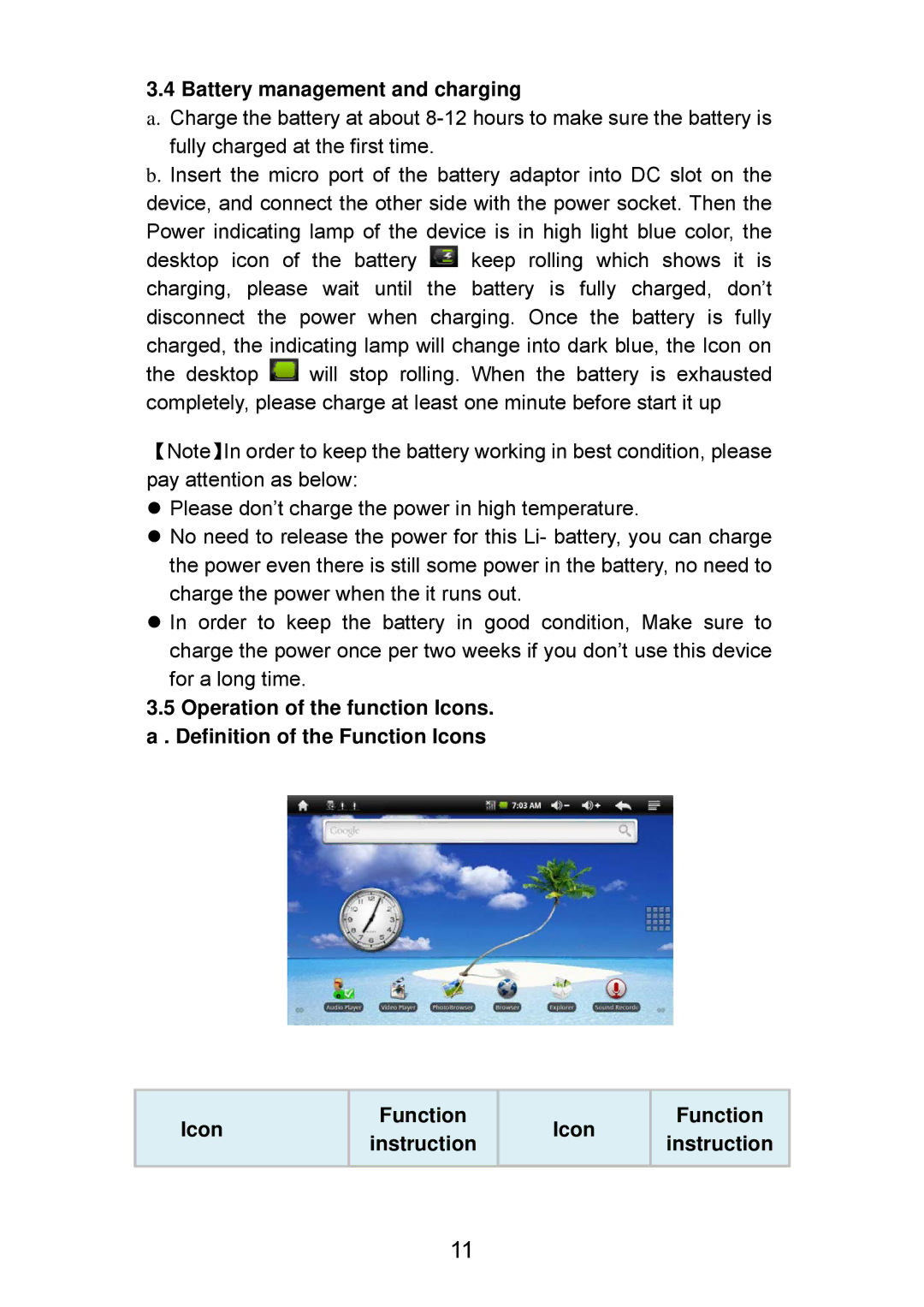 Curtis LT7028 manual Battery management and charging, Icon Function Instruction 