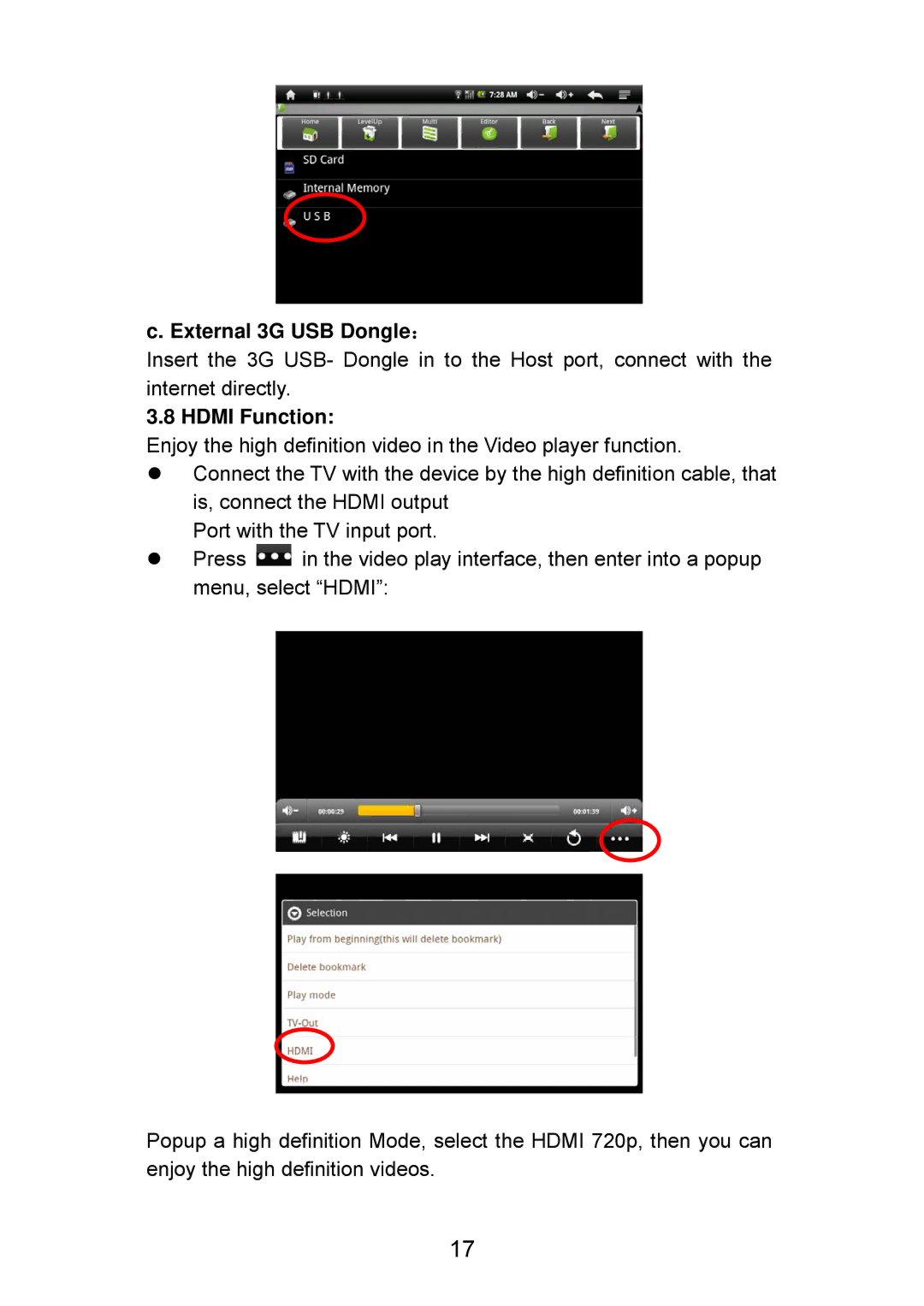 Curtis LT7028 manual External 3G USB Dongle：, Hdmi Function 