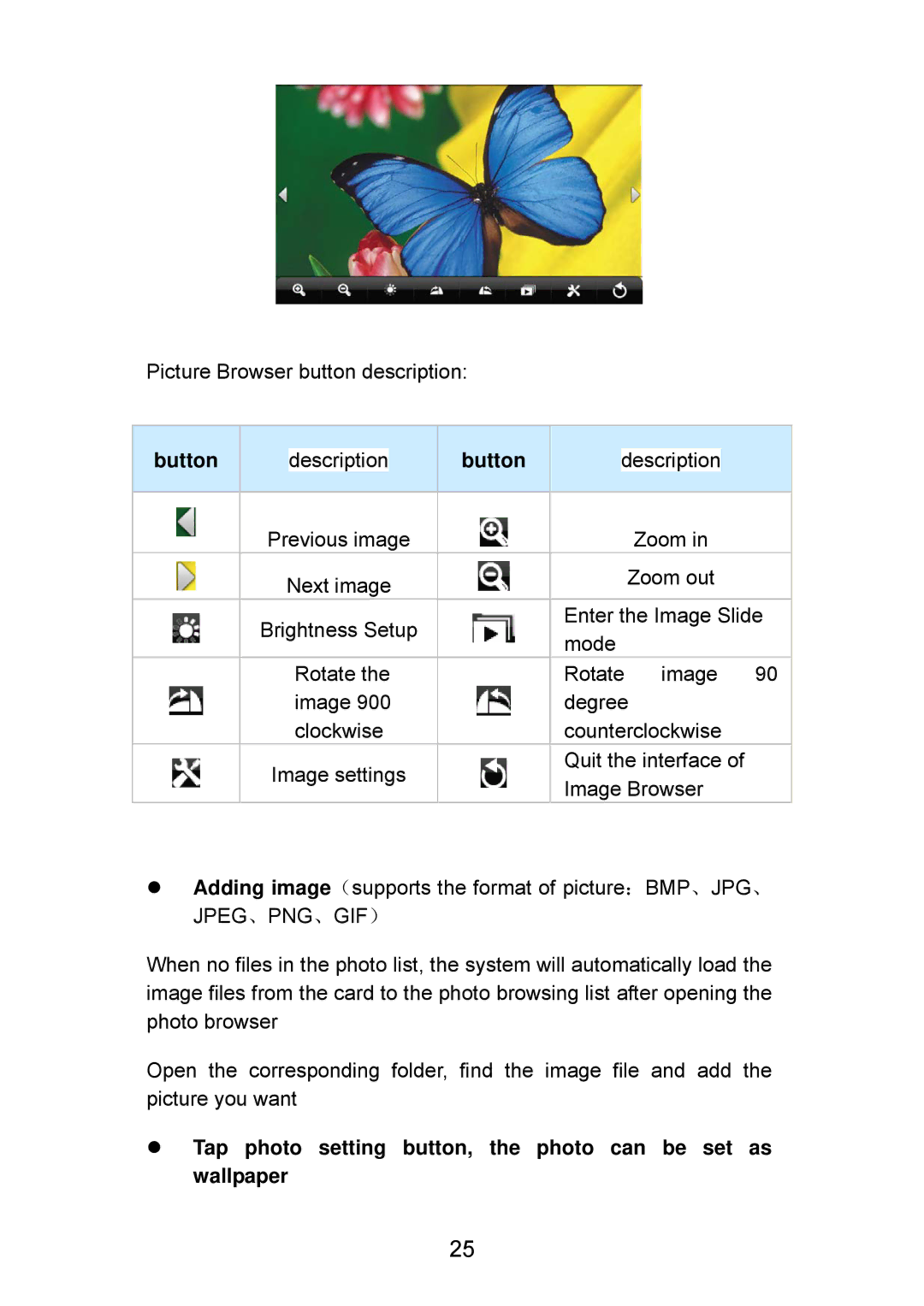 Curtis LT7028 manual Button, Tap photo setting button, the photo can be set as wallpaper 