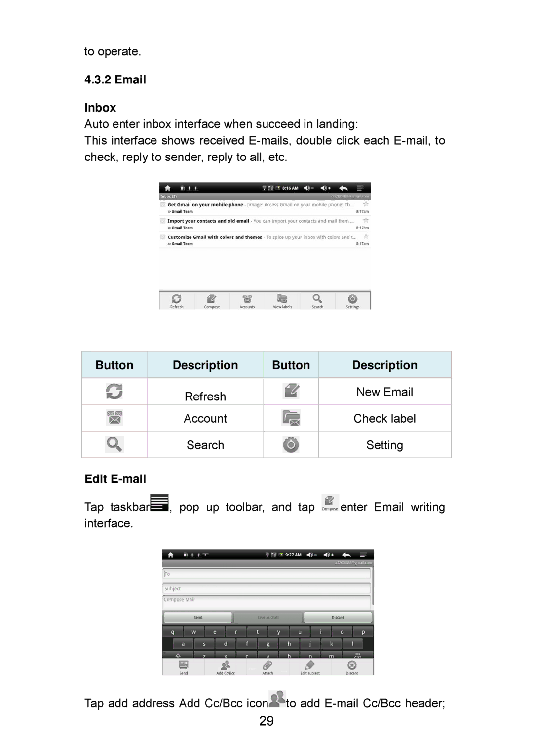 Curtis LT7028 manual Inbox, Button Description, Edit E-mail 