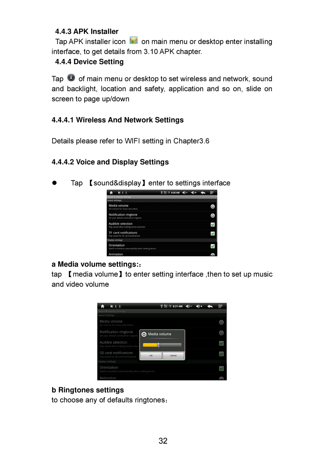 Curtis LT7028 manual Device Setting, Wireless And Network Settings, Voice and Display Settings, Media volume settings： 