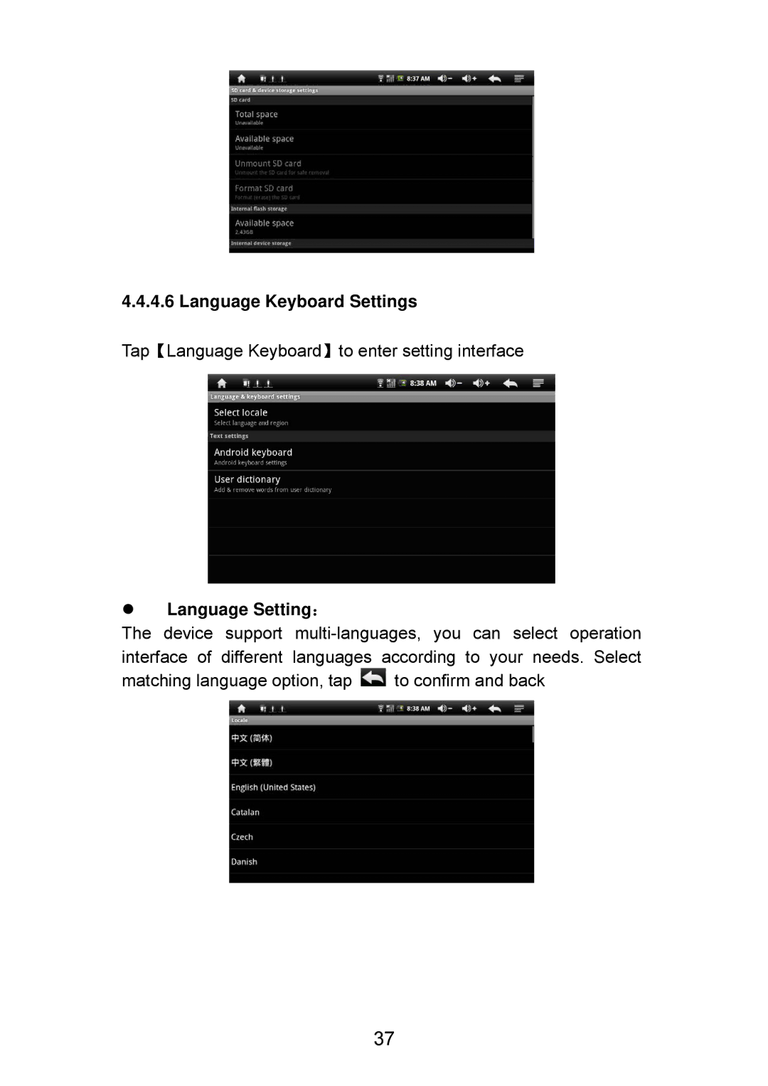 Curtis LT7028 manual Language Keyboard Settings, Language Setting： 