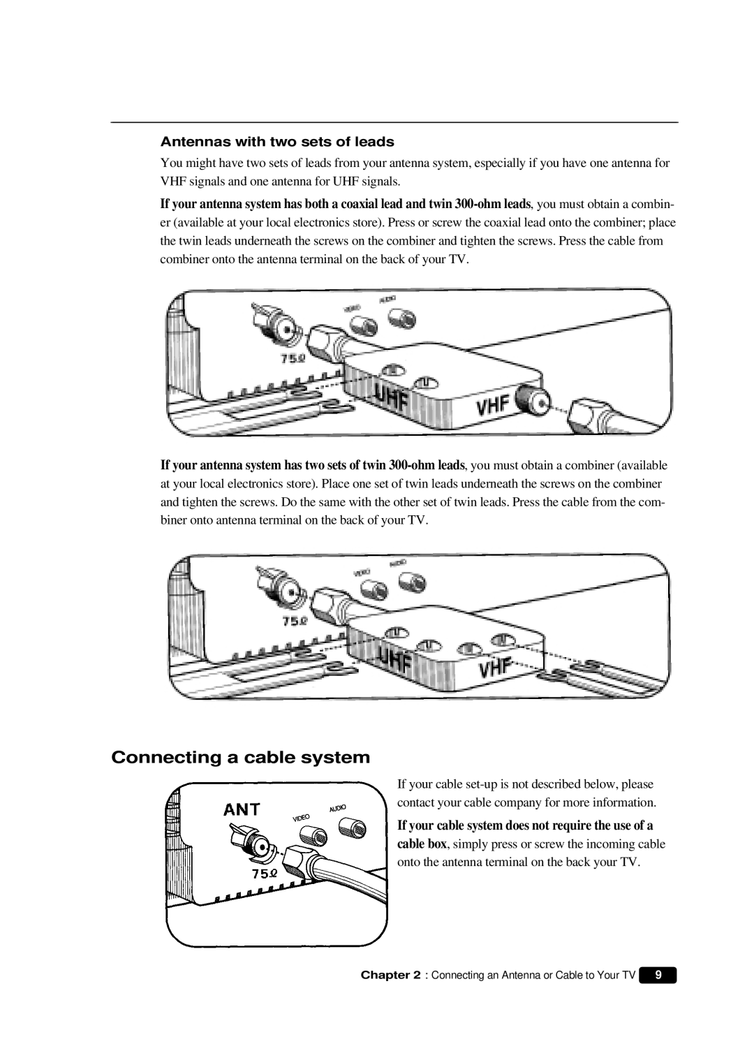 Curtis Mathes CM 13102 owner manual Connecting a cable system, Antennas with two sets of leads 