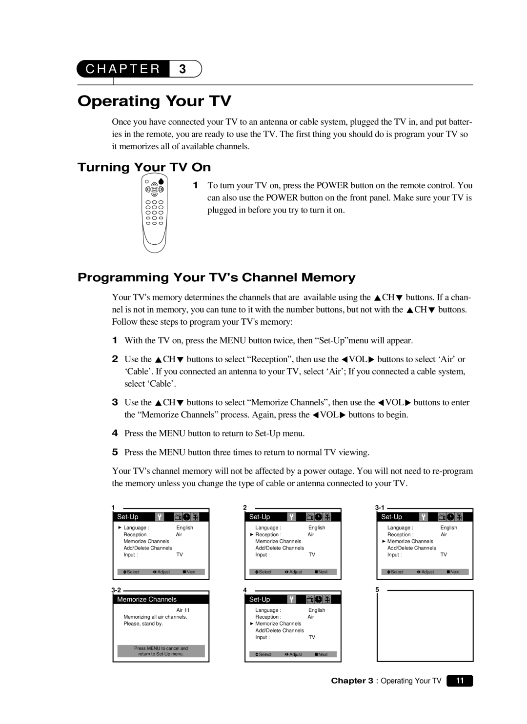 Curtis Mathes CM 13102 owner manual Operating Your TV, Turning Your TV On, Programming Your TVs Channel Memory 