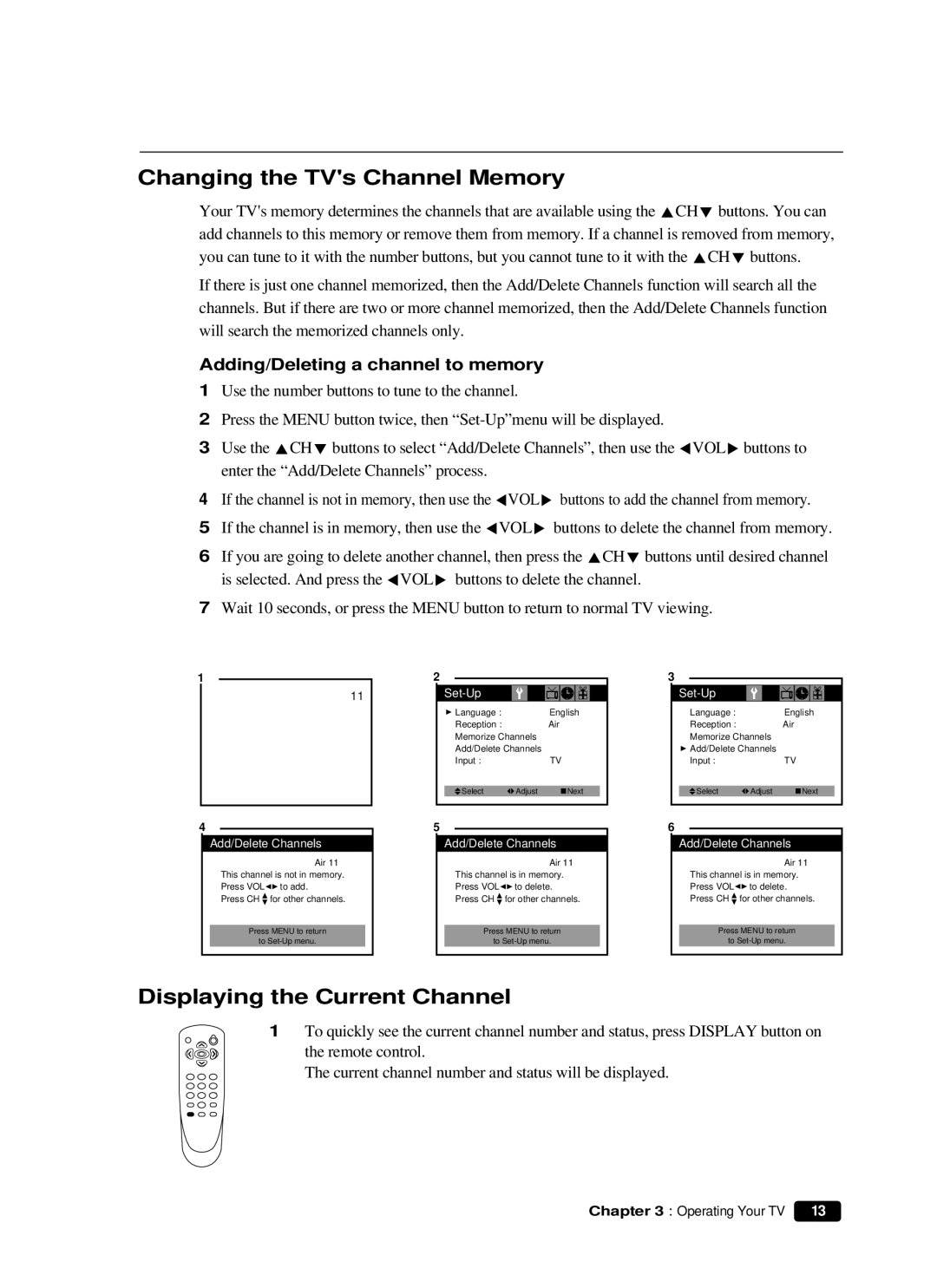 Curtis Mathes CM 13102 owner manual Changing the TVs Channel Memory, Displaying the Current Channel 