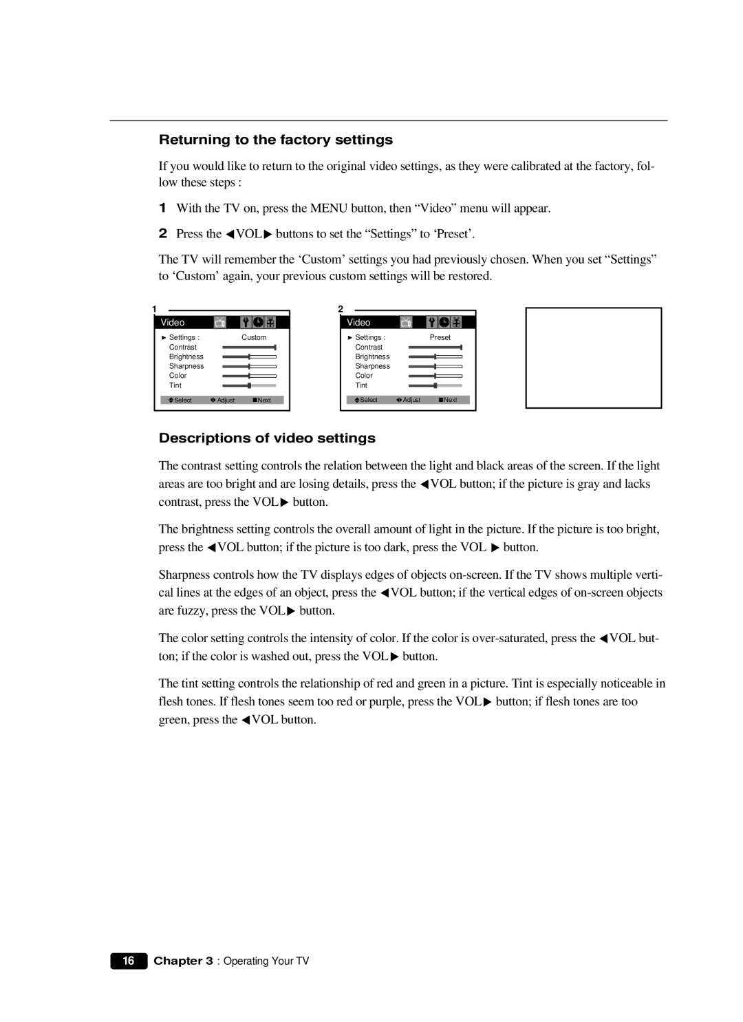 Curtis Mathes CM 13102 owner manual Returning to the factory settings, Descriptions of video settings 