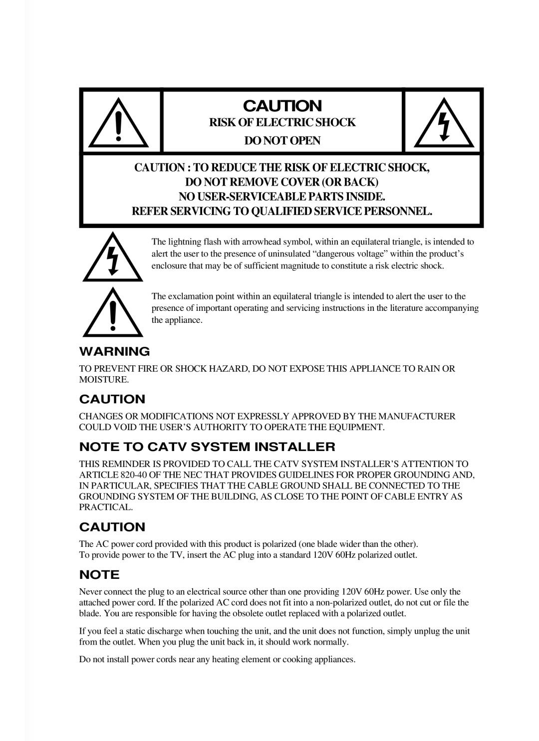 Curtis Mathes CM 13102 owner manual Risk of Electric Shock 